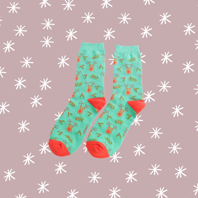 Reindeer & Holly Bamboo Socks - Green