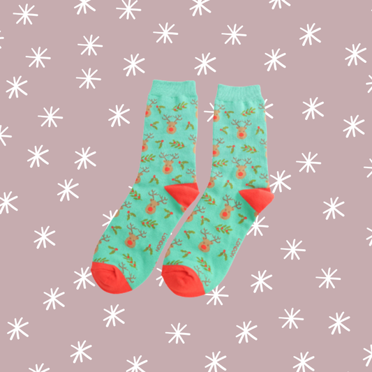 Reindeer & Holly Bamboo Socks - Green