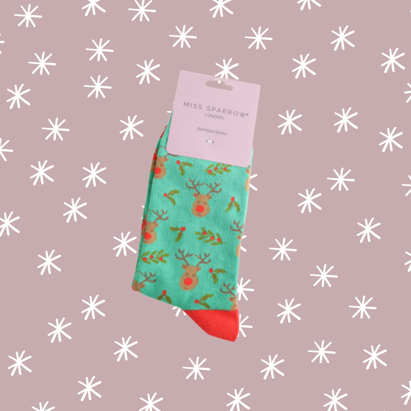 Reindeer & Holly Bamboo Socks - Green
