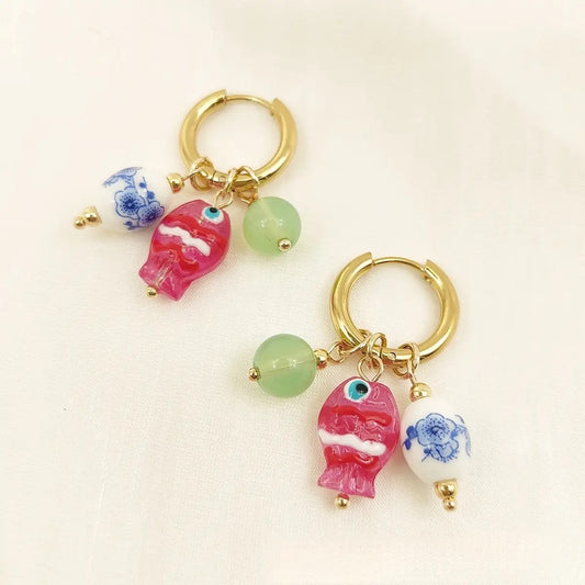 Goldfish & Bead Pendent Huggie Earrings