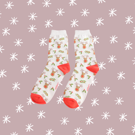Reindeer & Holly Bamboo Socks - Cream