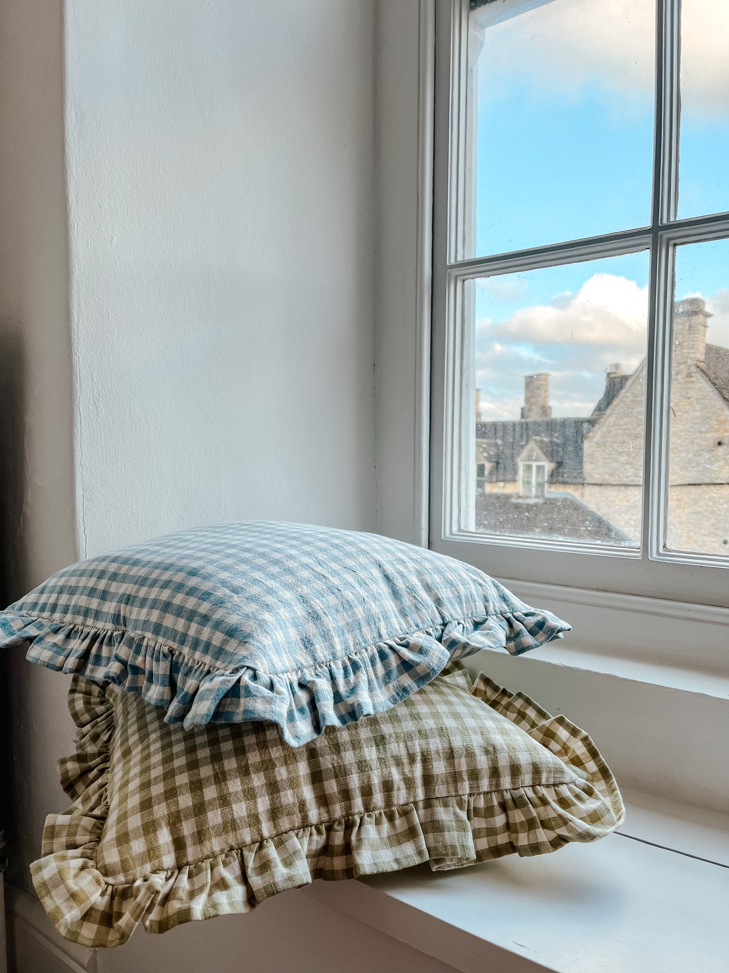 Gingham Ruffle Square Cushion - Blue