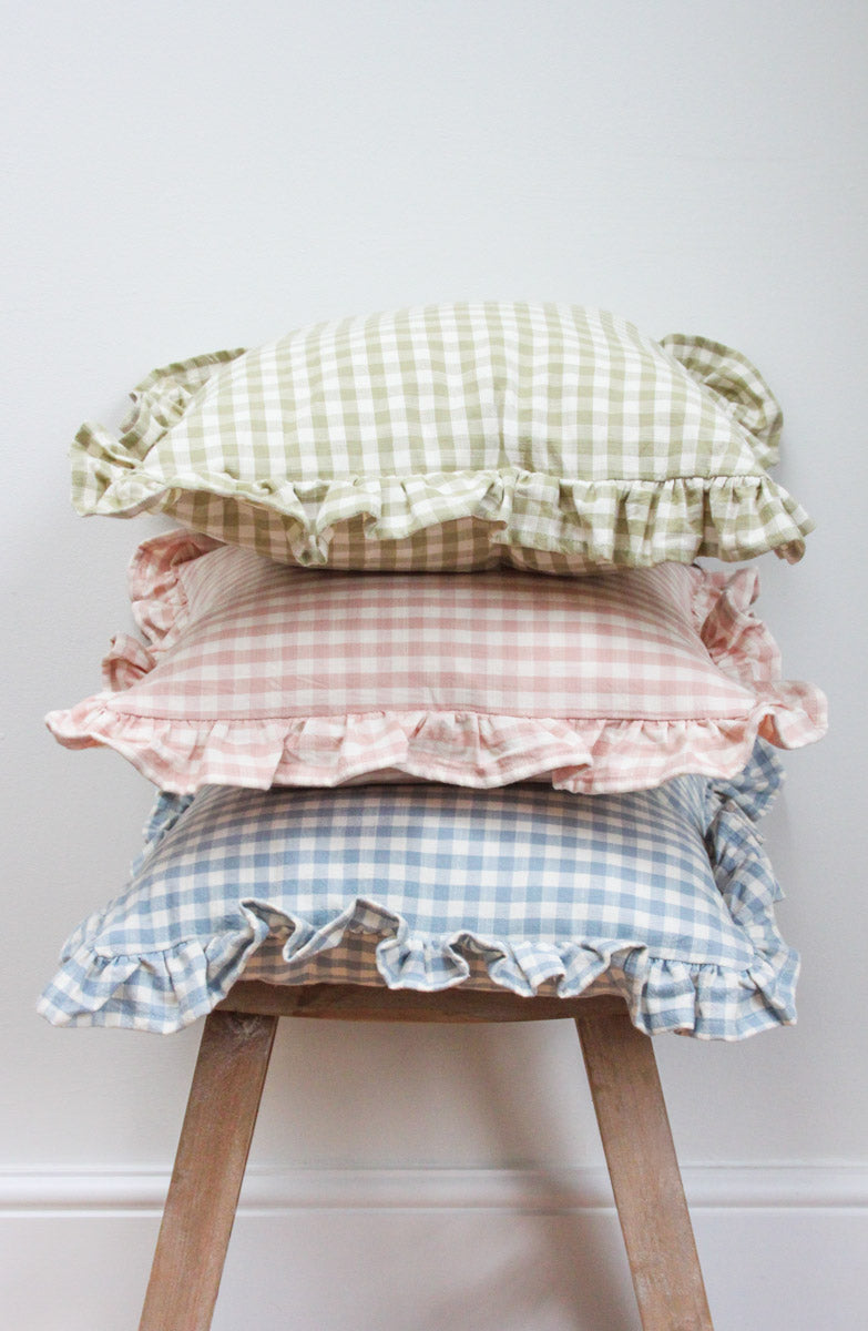 Gingham Ruffle Square Cushion - Blue