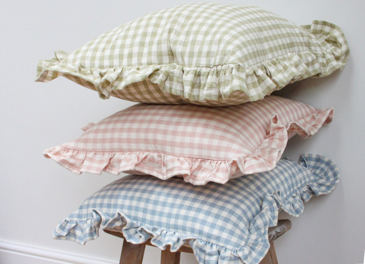 Gingham Ruffle Square Cushion - Blue