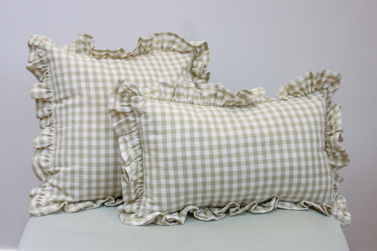 Gingham Ruffle Rectangle Cushion - Green