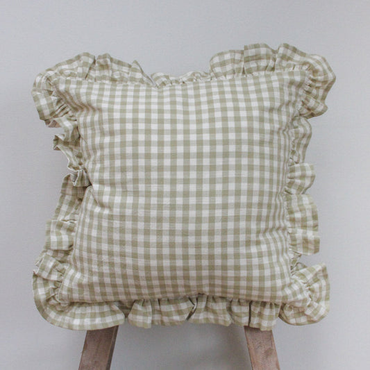 Gingham Ruffle Square Cushion - Green