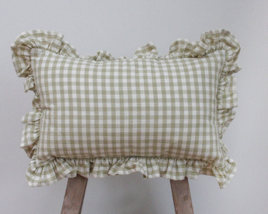Gingham Ruffle Rectangle Cushion - Green
