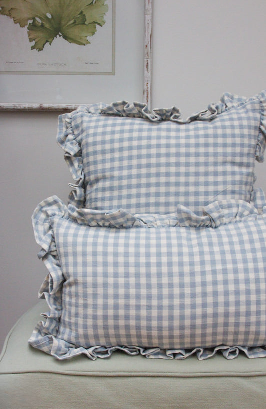 Gingham Ruffle Square Cushion - Blue