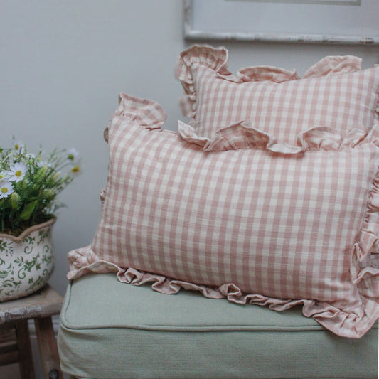 Gingham Ruffle Rectangle Cushion - Pink