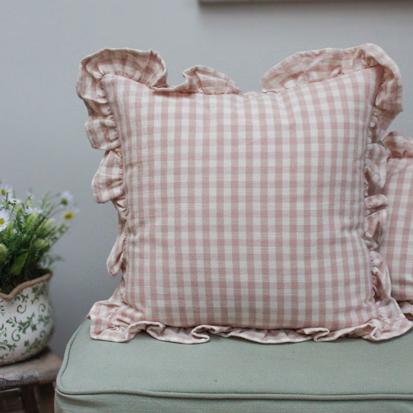 Gingham Ruffle Square Cushion - Pink