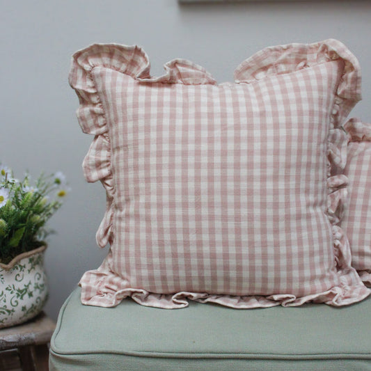 Gingham Ruffle Square Cushion - Pink