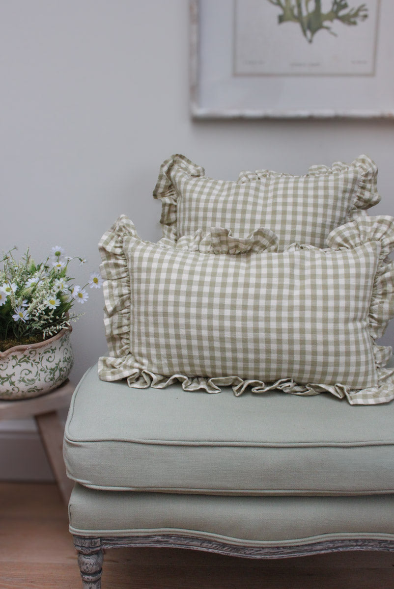 Gingham Ruffle Square Cushion - Green