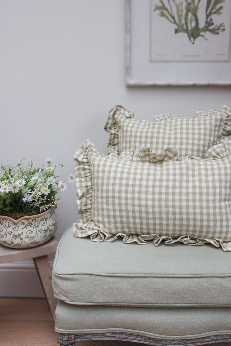 Gingham Ruffle Rectangle Cushion - Green