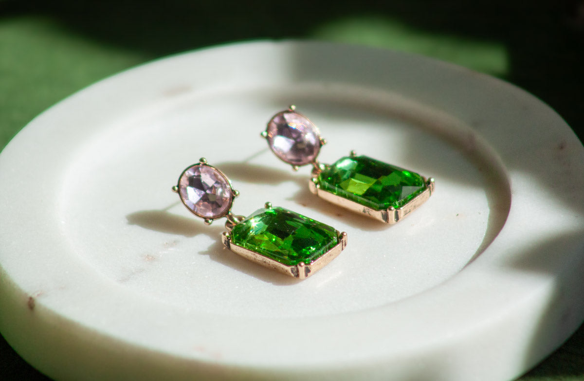 Oval Twin Gem Post Earring - Emerald Green & Baby Pink