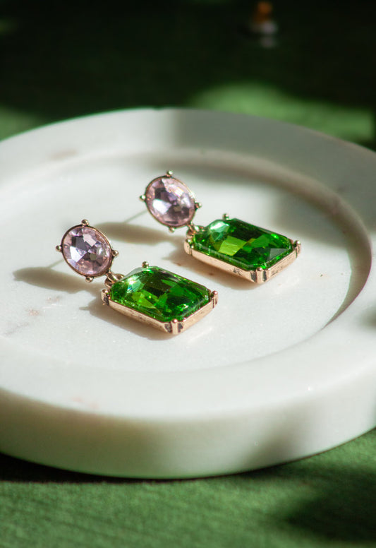Oval Twin Gem Post Earring - Emerald Green & Baby Pink