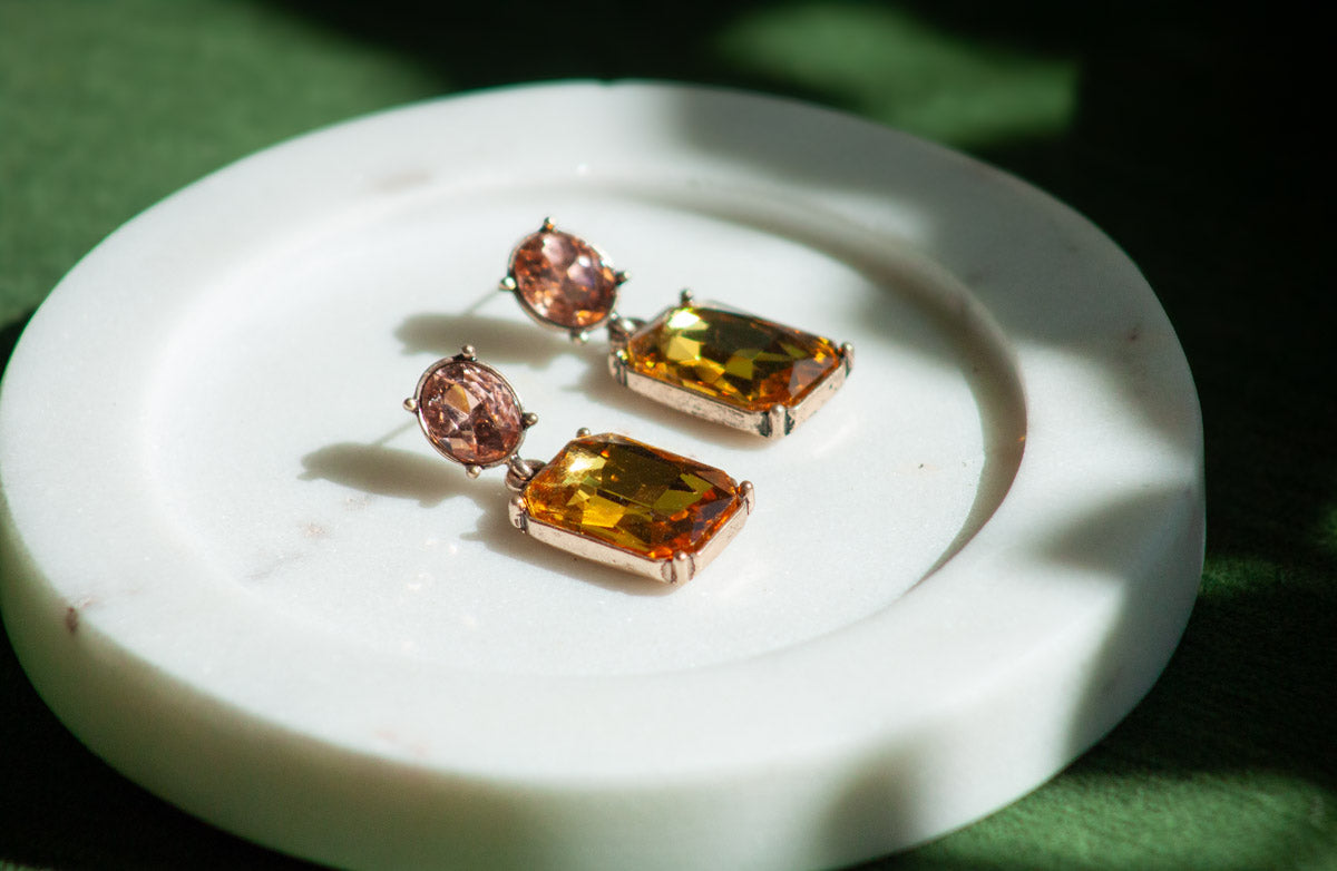 Oval Twin Gem Post Earring - Amber & Pink