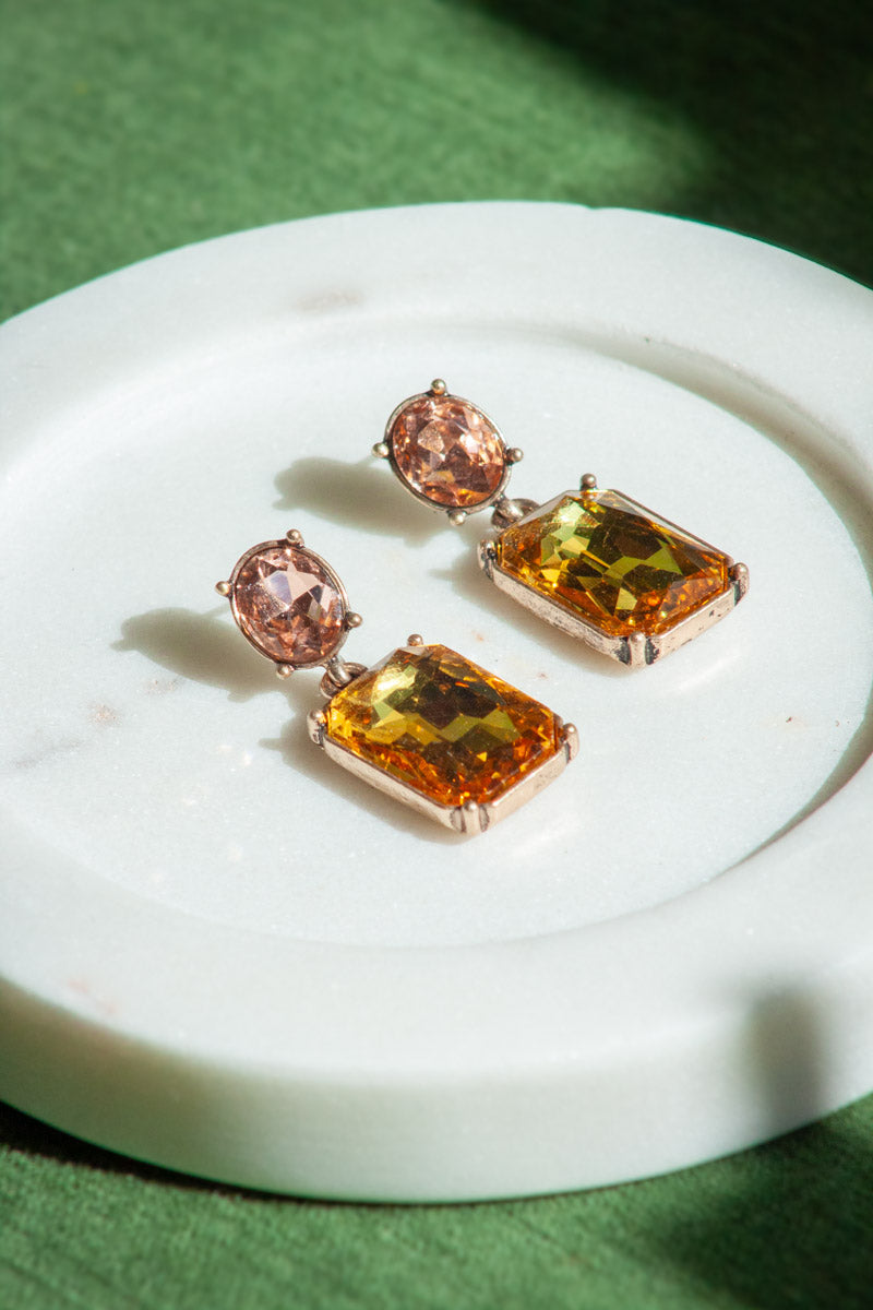 Oval Twin Gem Post Earring - Amber & Pink