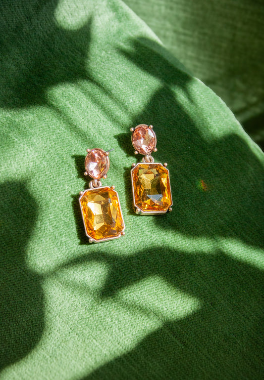 Oval Twin Gem Post Earring - Amber & Pink