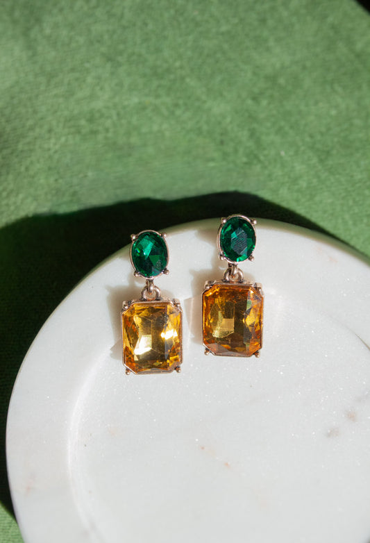 Oval Twin Gem Post Earring - Amber & Emerald