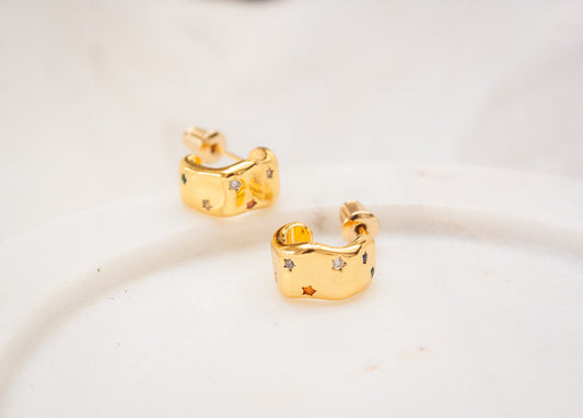 Crystal Star Curve Hoop Earrings - Gold