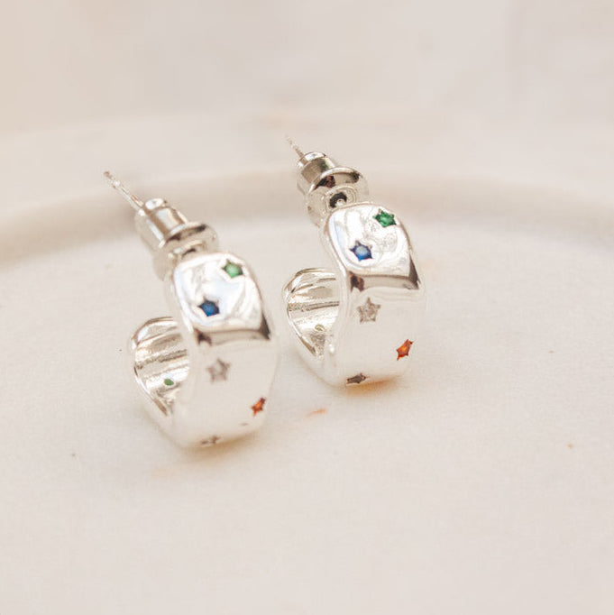 Crystal Star Curve Hoop Earrings - Silver