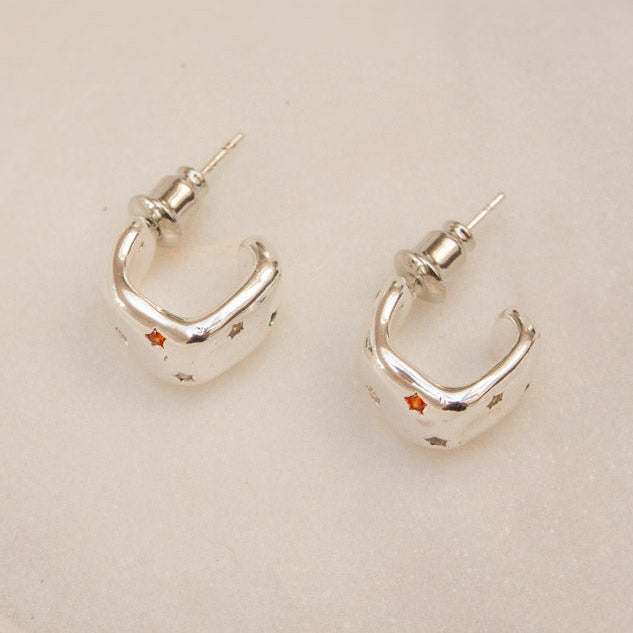 Crystal Star Curve Hoop Earrings - Silver