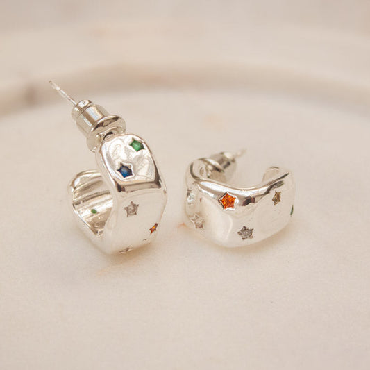 Crystal Star Curve Hoop Earrings - Silver