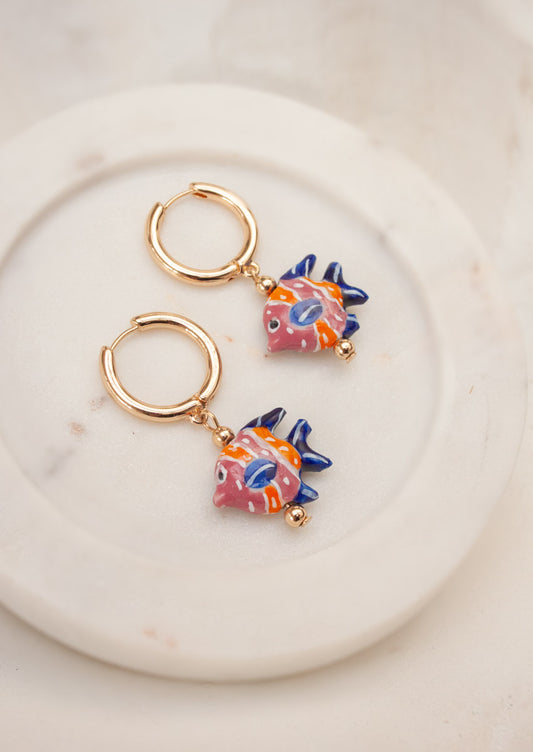 Ceramic Angelfish Pendant Earring - Pink & Gold