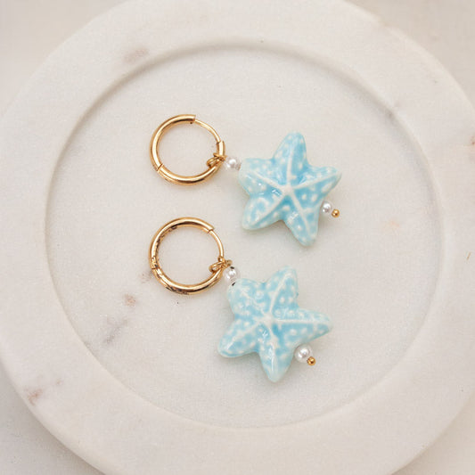 Ceramic Blue Starfish Pendent Huggie Earrings