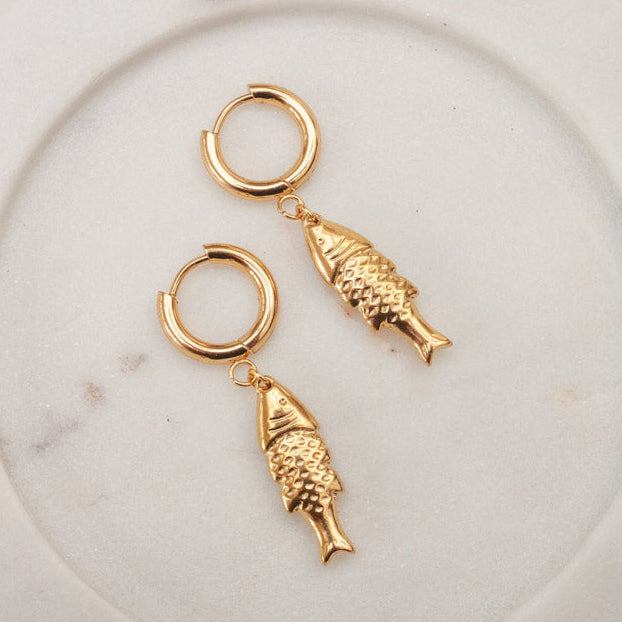Gold Fish Pendant Earrings