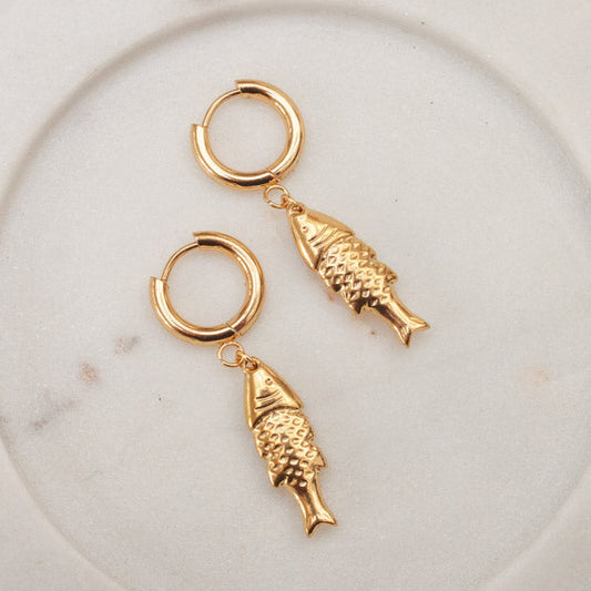 Gold Fish Pendant Earrings