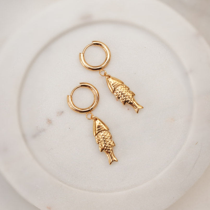 Gold Fish Pendant Earrings