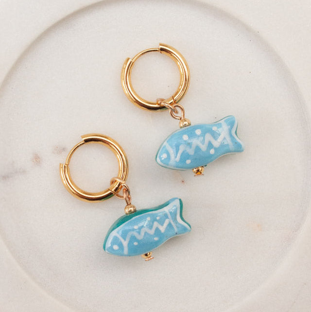 Ceramic Blue Goldfish Pendent Huggie Earrings