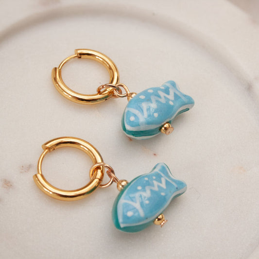 Ceramic Blue Goldfish Pendent Huggie Earrings