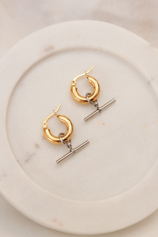 Mixed Metal T-Bar Hoop Earrings