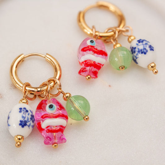 Goldfish & Bead Pendent Huggie Earrings