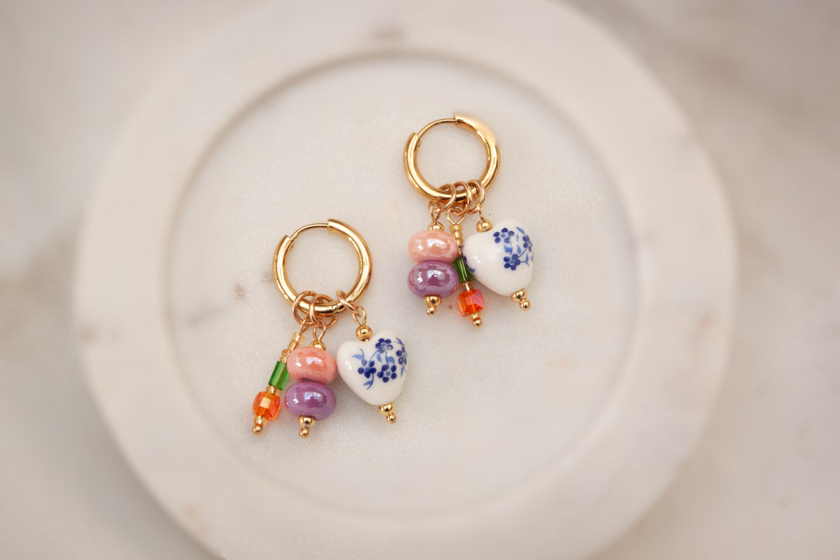 Porcelain Print & Bead Pendent Huggie Earrings