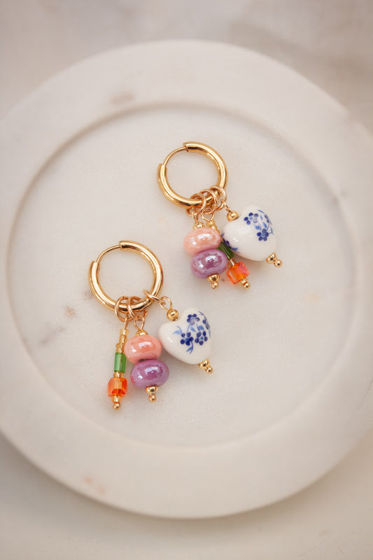 Porcelain Print & Bead Pendent Huggie Earrings