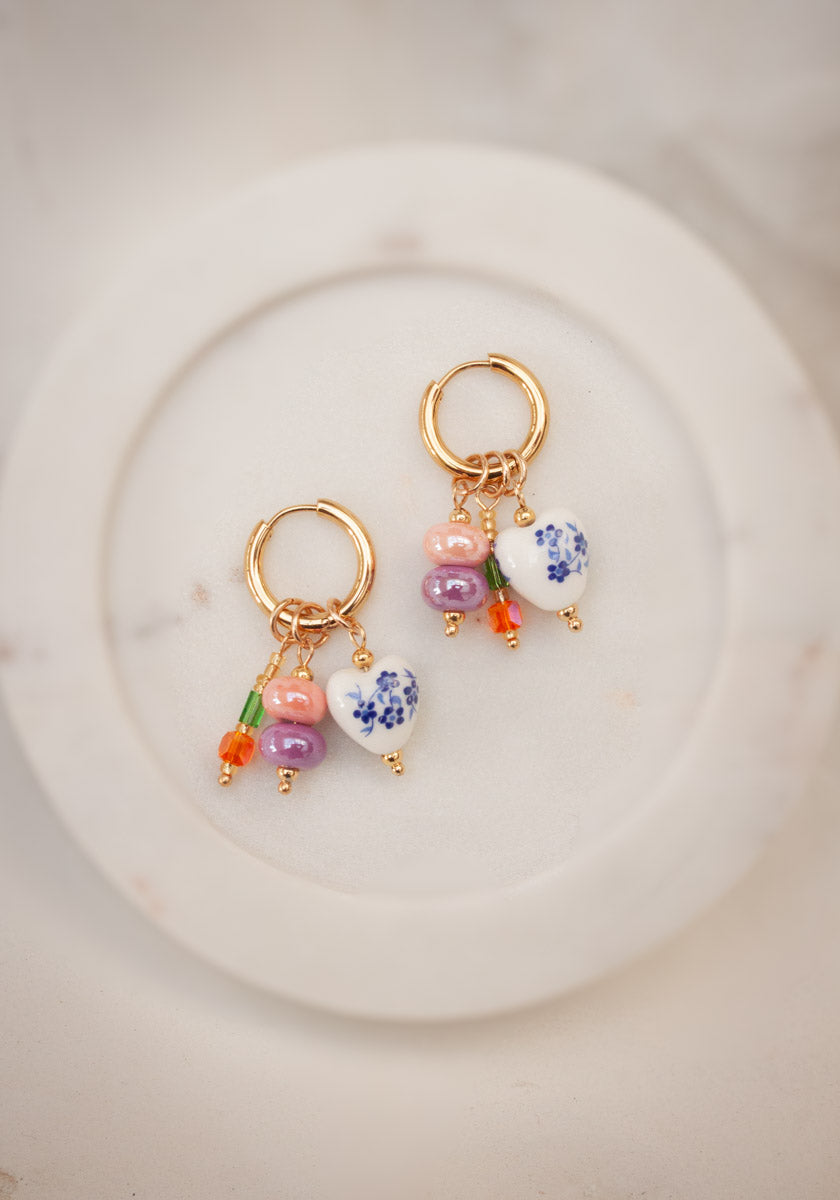 Porcelain Print & Bead Pendent Huggie Earrings