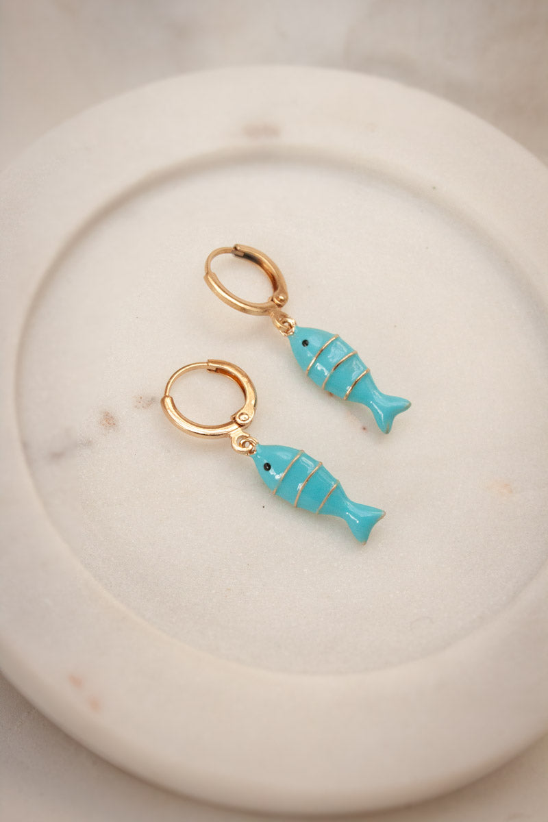 Turquoise Fish Charm Hoops