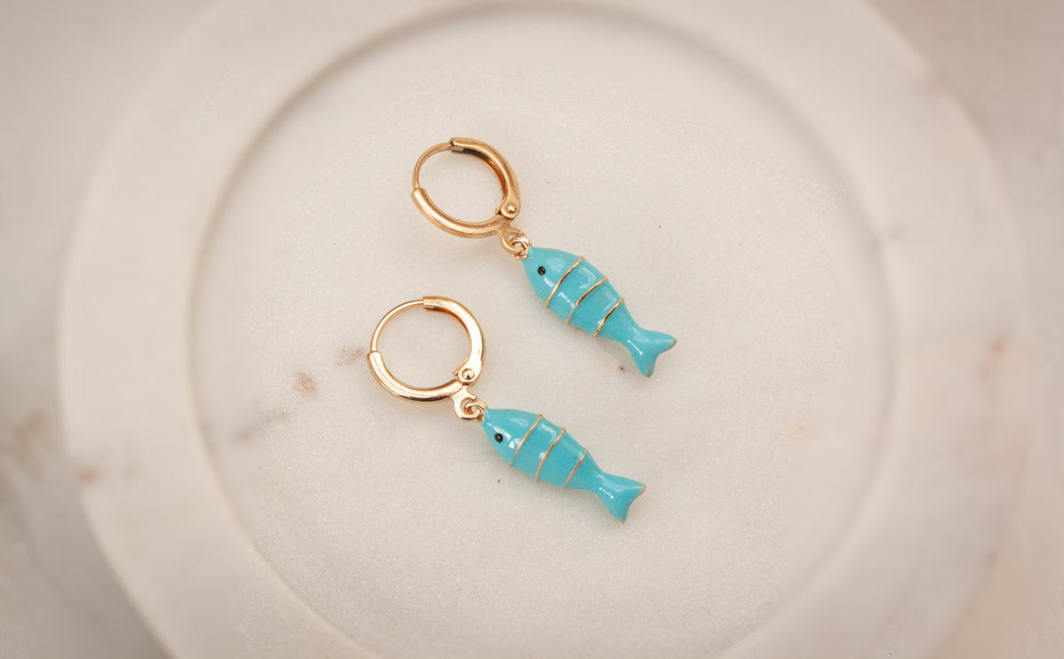 Turquoise Fish Charm Hoops