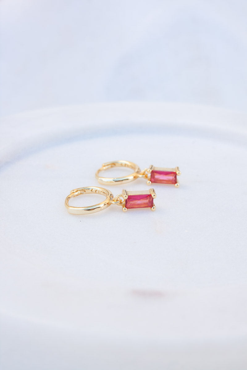 Sterling Silver Pink Stone Mini Hoops