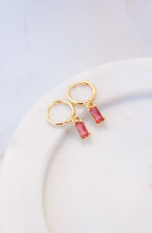 Sterling Silver Pink Stone Mini Hoops