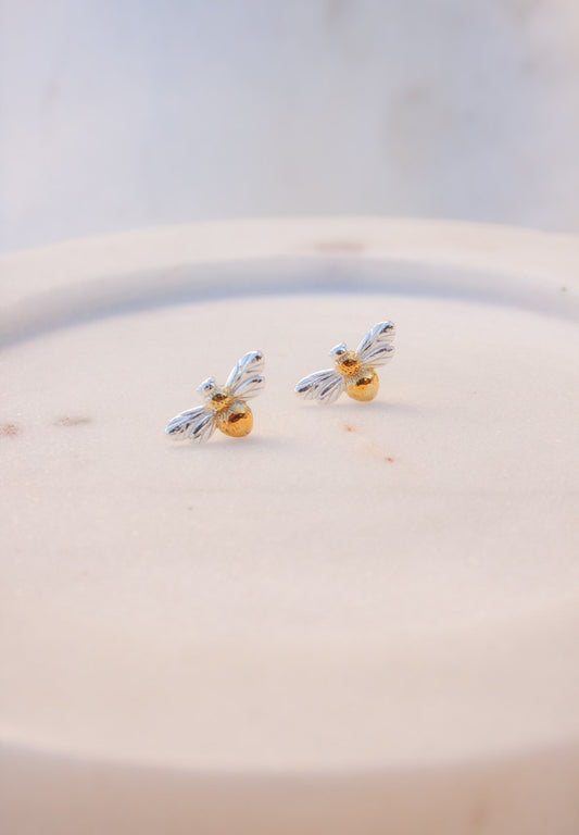 Sterling Silver Bee Studs - Silver & Gold