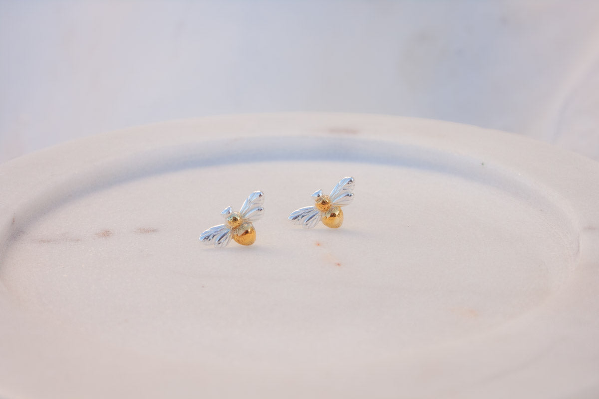 Sterling Silver Bee Studs - Silver & Gold