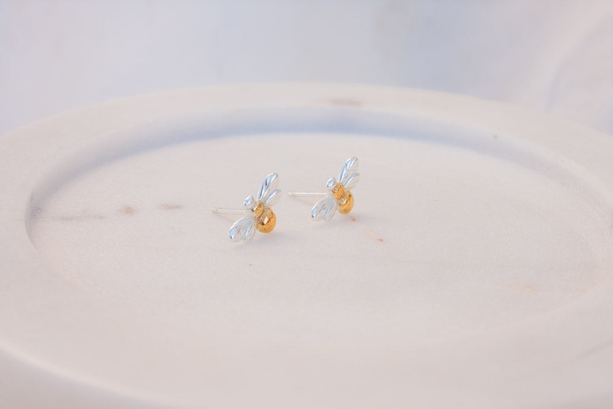 Sterling Silver Bee Studs - Silver & Gold