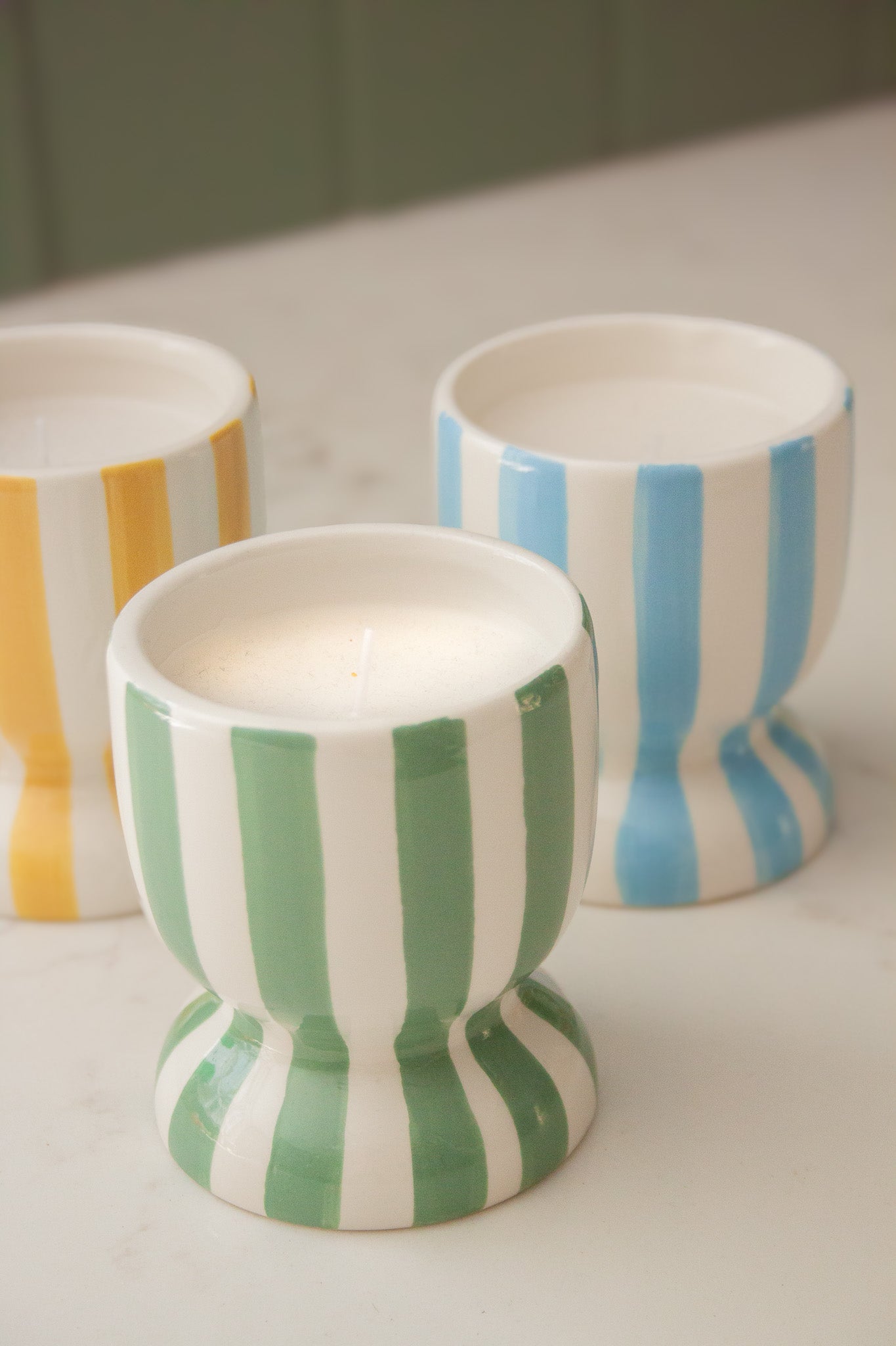 Green Striped Ceramic Candle