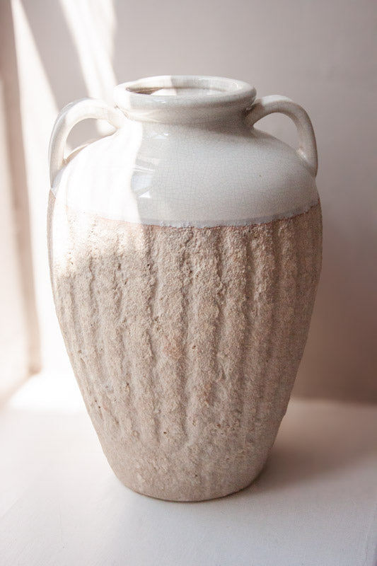 Large White Two-Handled Stoneware Vase