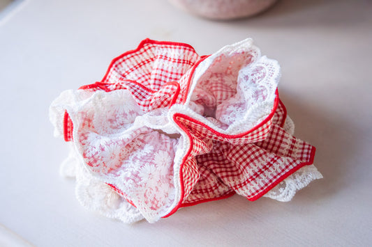 Oversized Red & White Patchwork Hair Scrunchie