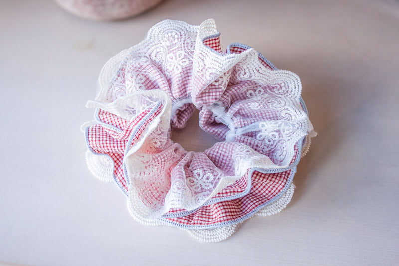 Plaid & Lace Patchwork Hair Scrunchie